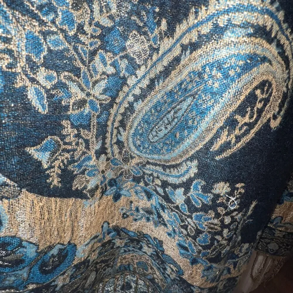Paisley metallic‎ blue, gold fringe shawl scarf, sarong bohemian GypsyGoth